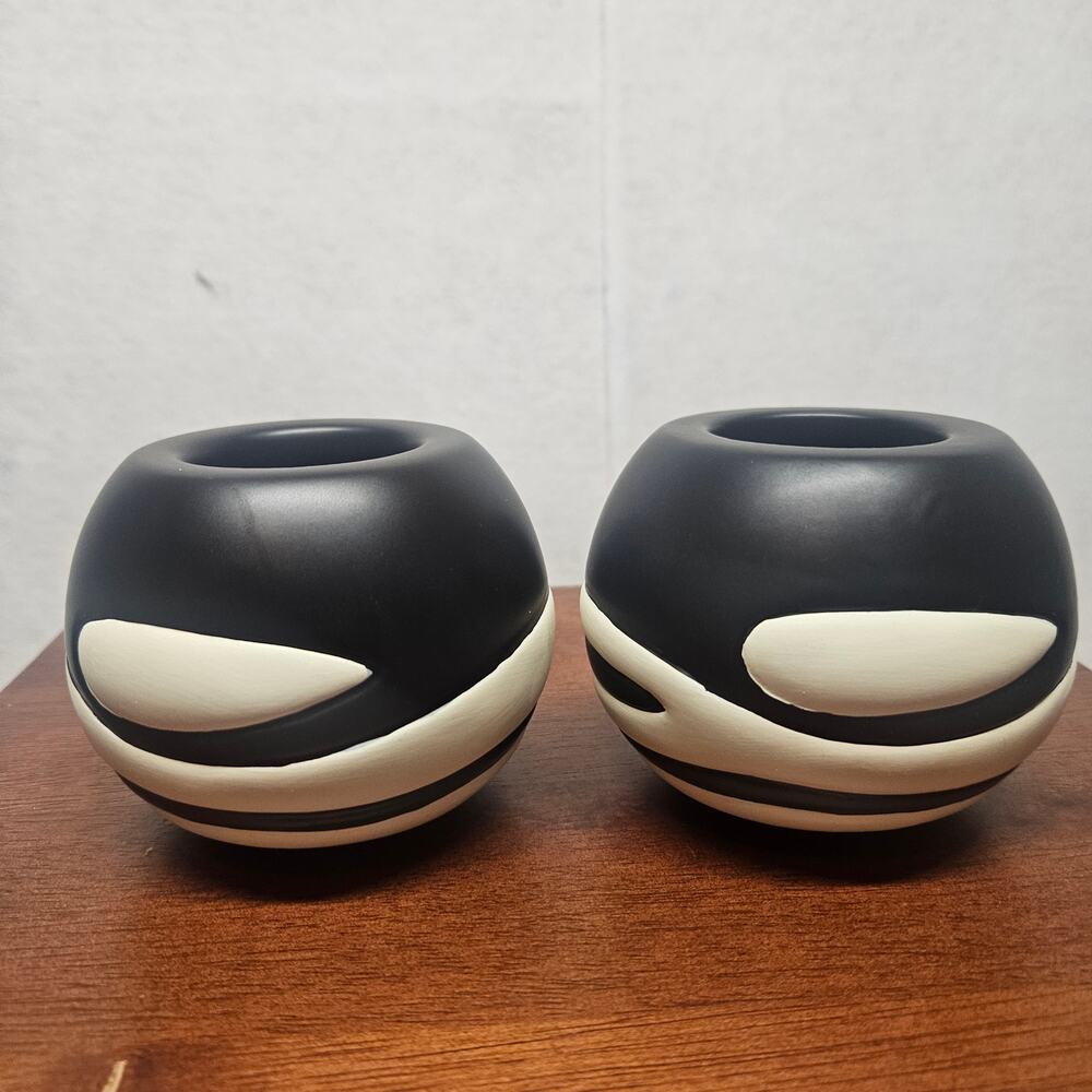 Vintage PartyLite African Inspiration Candle Holder Pair 2 Black Cream - Picture 1 of 8